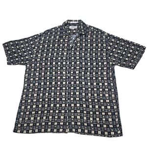 VINTAGE Campia Moda XL Rayon Camp Shirt | Black Beige White Abstract Print
